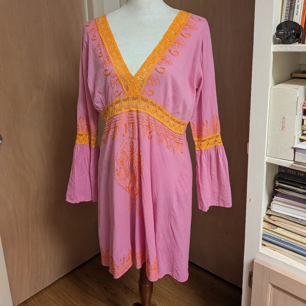 Debbie Katz Pink Orange Embroidered Boho Tunic Mini Dress Resort